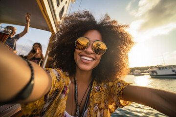happy african american woman selfie on the boat bokeh style background