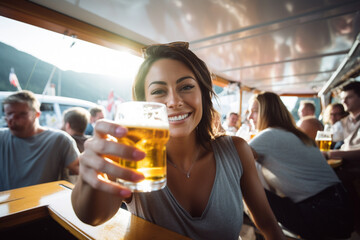 happy woman holding a beer on the boat bokeh style background