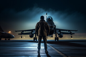 soldier standing front of the jet at the night bokeh style background