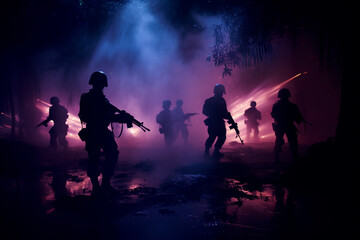 silhouette of military working at the night - obrazy, fototapety, plakaty