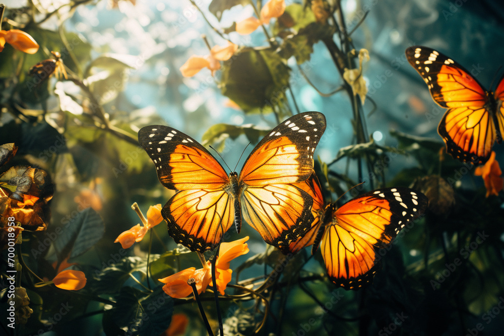 Aufkleber A captivating image of abstract butterflies forming a luminous lattice, their wings adorned with tropical hues and intricate designs.