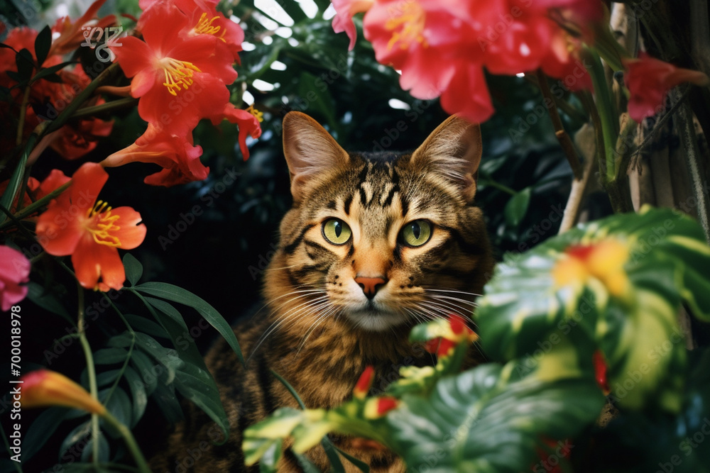 Fototapete a unique blend of abstract feline forms and tropical flowers, creating a fusion of nature's patterns