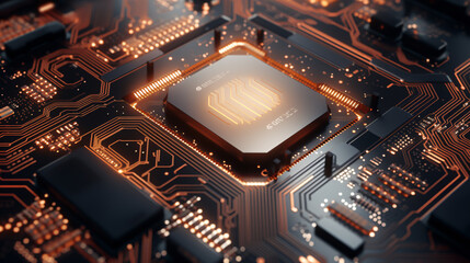 Fototapeta premium Close up representation of a quantum processor chip with lights around it 