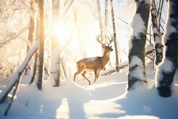 sunlight peeking through trees onto snowy deer