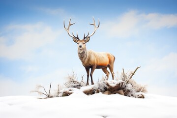 majestic stag overlooking the herd from a snow mound