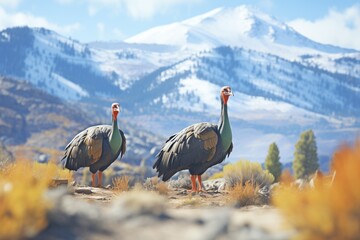 wild turkeys roaming near a mountain backdrop - obrazy, fototapety, plakaty