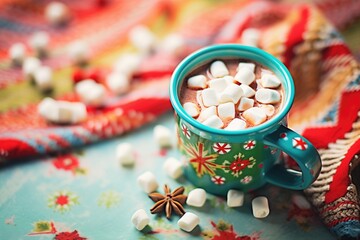 hot cocoa with mini marshmallows, top angle - obrazy, fototapety, plakaty