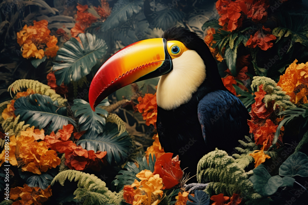 Leinwandbilder An abstract tapestry of toucans with vibrant beaks, their forms weaving into the tropical foliage to form a visually striking composition.