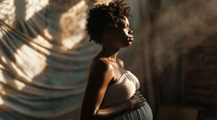 beautiful african american pregnant woman standing near window at home