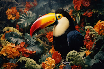 Naklejka premium An abstract tapestry of toucans with vibrant beaks, their forms weaving into the tropical foliage to form a visually striking composition.