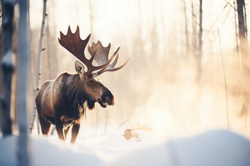 moose breathing steam in cold air - obrazy, fototapety, plakaty