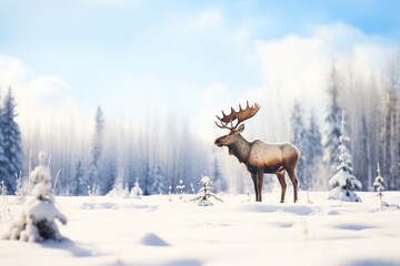 lone moose standing in snowy meadow