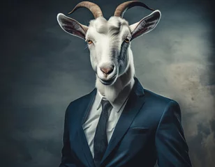 Fotobehang Anthropomorphic white male goat dressed in a business suit in the style of corporate photography over grey background © Marko