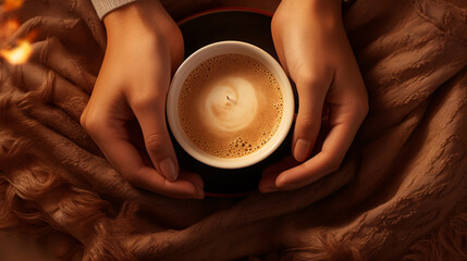 Close up of hands holding steaming hot drink coffee or hot chocolate in a coffee mug  - obrazy, fototapety, plakaty