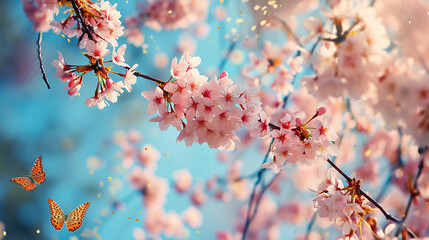 Spring banner, branches of blossoming cherry against background of blue sky and butterflies on nature outdoors. Pink sakura flowers, dreamy romantic image spring. Made with generative ai - obrazy, fototapety, plakaty