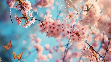 Rolgordijnen Spring banner, branches of blossoming cherry against background of blue sky and butterflies on nature outdoors. Pink sakura flowers, dreamy romantic image spring. Made with generative ai © ferid