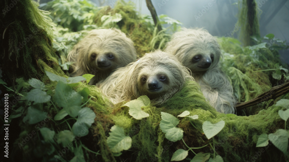 Fototapete an ethereal scene featuring abstract sloths in a spectral symphony, their slow and deliberate moveme