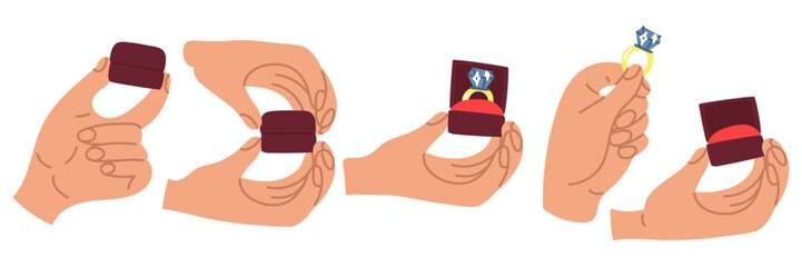 A set of marriage proposals, vector illustration of a flat design. A man in different hand positions makes an offer with a ring. Makes a marriage proposal. One man's hand holds a box with a ring