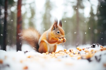 squirrel munching on pine nuts in the snow - obrazy, fototapety, plakaty