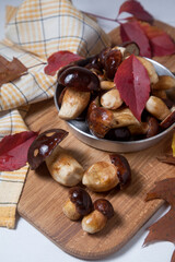 Several Imleria Badia or Boletus badius mushrooms commonly known as the bay bolete and vintage pan with mushrooms on wooden cutting board..