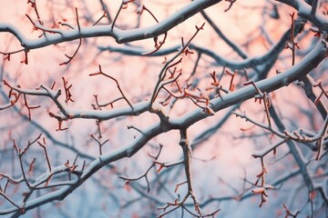 reddish glow on icy branches at dawn