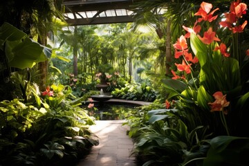 Fototapeta na wymiar Exotic botanical garden filled with diverse tropical leaves and vibrant blooms, Generative AI