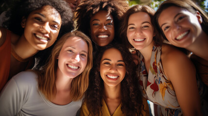 Fototapeta premium Diverse group of happy friends taking a selfie together, smiling at the camera, close-up.