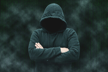 Mysterious faceless hooded anonymous computer hacker, silhouette of cybercriminal, terrorist