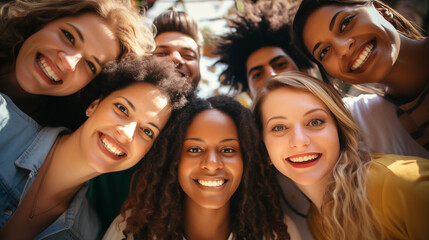 Diverse group of happy friends taking a selfie together, smiling at the camera, close-up. - obrazy, fototapety, plakaty