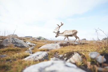 Fototapeta premium caribou walking past boulder field in tundra