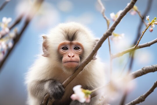 capuchin monkey in a flowering tree
