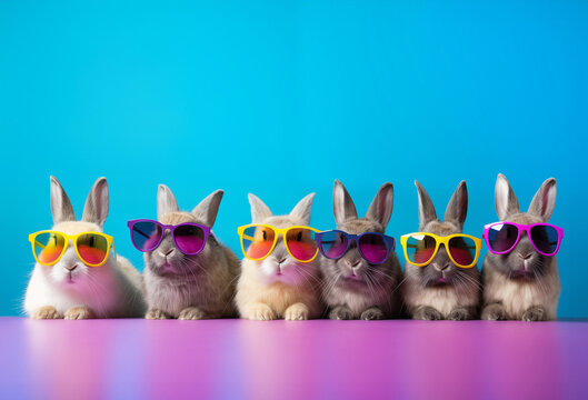 Row of cute bunnies wearing colorful sunglasses, funny animal, fun and cool pet Easter greeting card