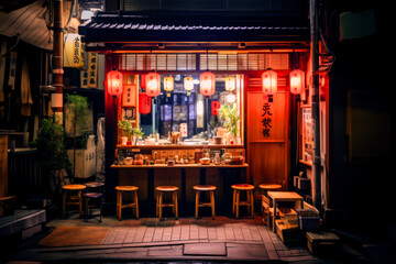 Asian bar with lanterns in an alley at night, game concept