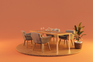 dining room interior design isolated on wooden podest and infinite background; 3D rendering