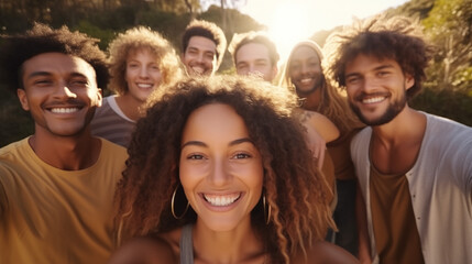 Obraz premium Group of happy friends taking a selfie on a sunny day outdoors.