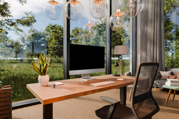 large modern contemporary office with pc workspaces and indoor plants vertical garden; panoramic view rural landscape; sustainability work environment; 3D rendering