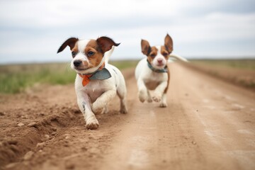 jack russell terriers racing on a dirt road - obrazy, fototapety, plakaty
