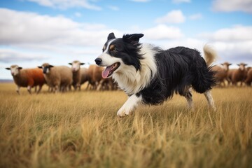 border collie herding sheep in an open field - obrazy, fototapety, plakaty