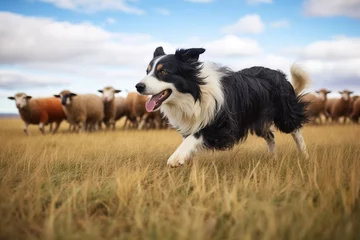 Fotobehang border collie herding sheep in an open field © Natalia