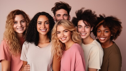 Fototapeta premium Diverse group of smiling young adults posing together on a neutral background.
