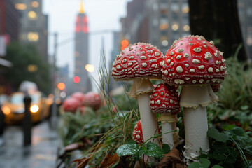 Red fly agaric mushrooms (Amanita muscaria) in New York City, USA on the background of a view of the Empire State Building. Mushrooms in the city
