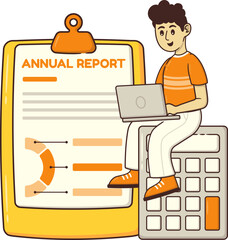 Male Financial Analysis Character with Laptop, Calculator and Budgeting Analysis of Business Annual Report