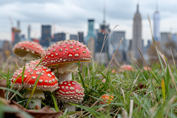 Red fly agaric mushrooms (Amanita muscaria) in New York City, USA on the background of a view of the city, skyscrapers and the Empire State Building. Mushrooms in the city