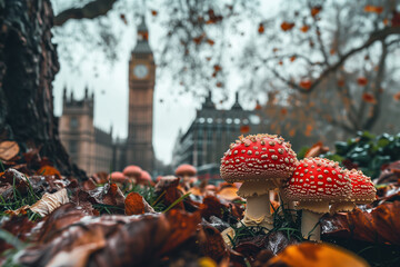 Red fly agaric mushrooms (Amanita muscaria) in London, England against the background of the Big Ben. Mushrooms in the city