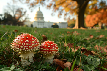 Red fly agaric mushrooms (Amanita muscaria) in Washington, D.C., USA against the background of the United States Capitol. Mushrooms in the city