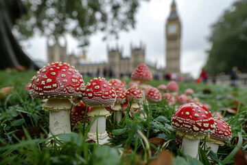 Red fly agaric mushrooms (Amanita muscaria) in London, United Kingdom against the background of the Big Ben. Mushrooms in the city