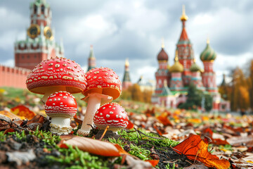 Red fly agaric mushrooms (Amanita muscaria) in Moscow, Russia against the background of the Kremlin and the Cathedral of Vasily the Blessed. Mushrooms in the city