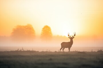 Obraz na płótnie Canvas silhouette of elk at sunrise in a misty field