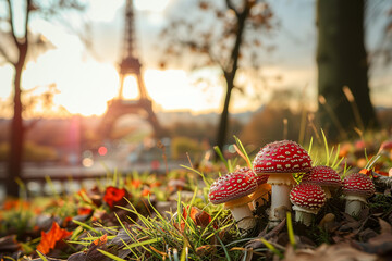 Red fly agaric mushrooms (Amanita muscaria) in Paris, France against the background of the Eiffel Tower. Mushrooms in the city