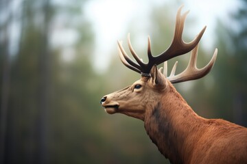 profile of an elk bull against a forest backdrop